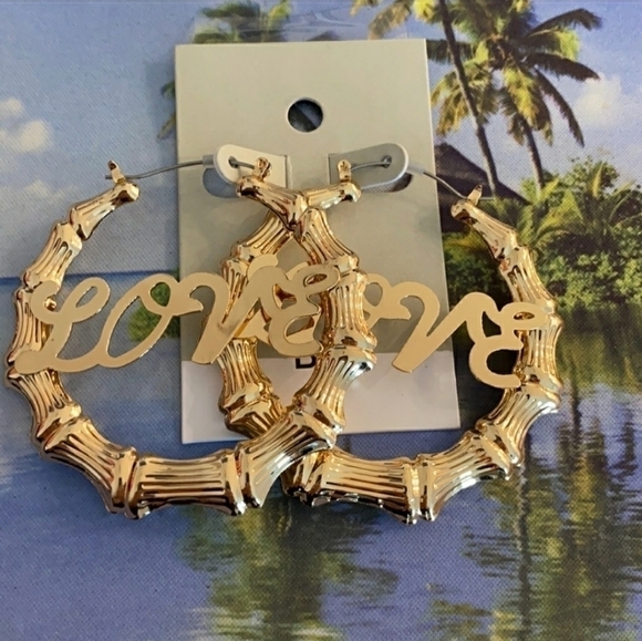 Large Gold Tone Hoop Earrings LOVE - Picture 1 of 3